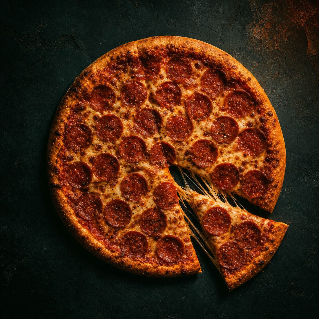 A fresh pepperoni pizza under warm light on a dark counter